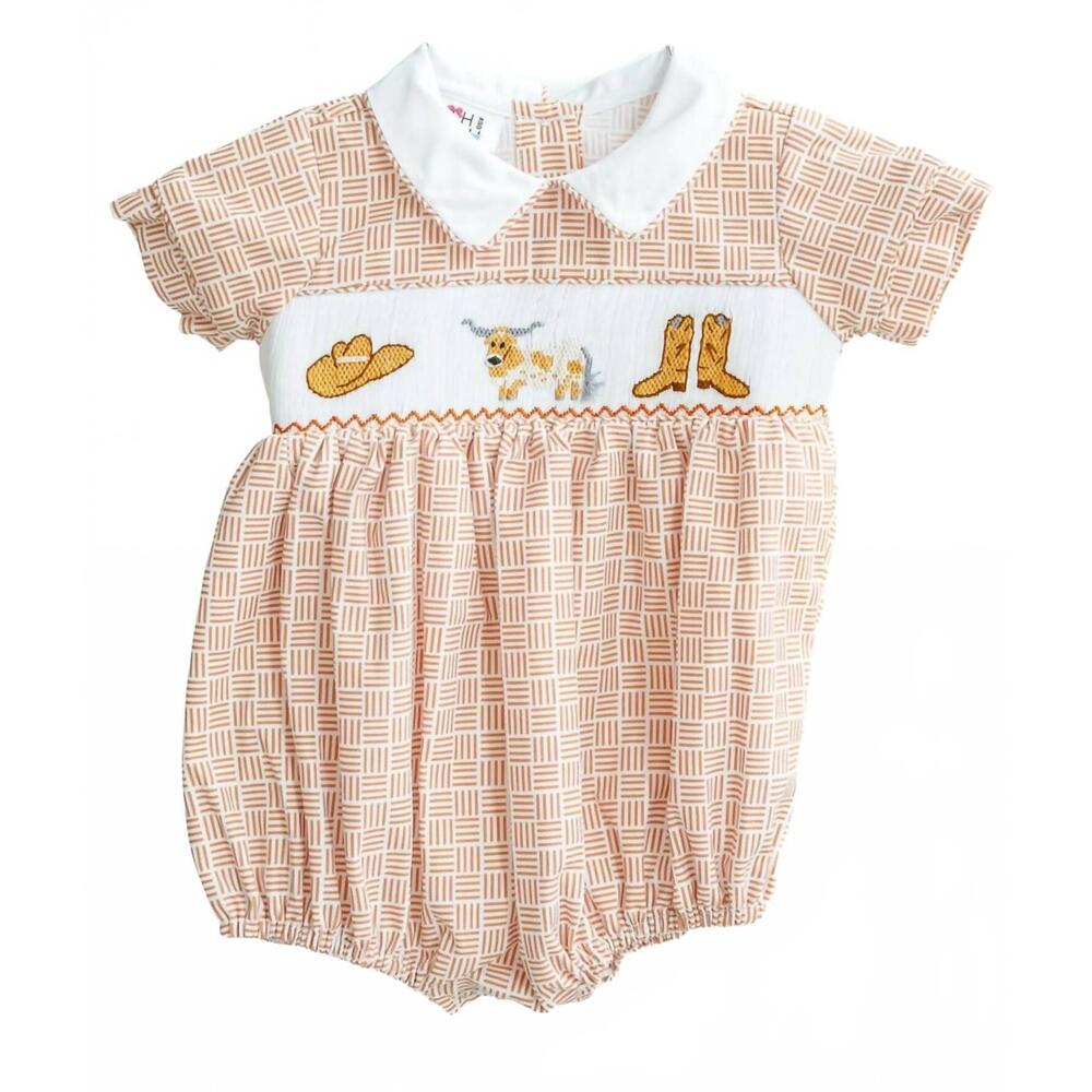 NEW RUTH AND RALPH girl's welcome to austin henry smocked bubble in orange
